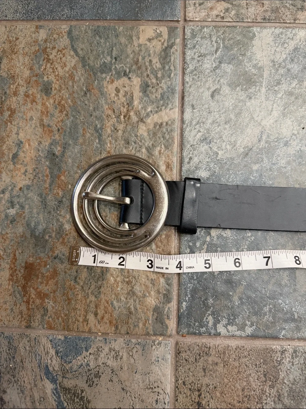Silpada Black Leather Belt with Double Silver Ring Buckle